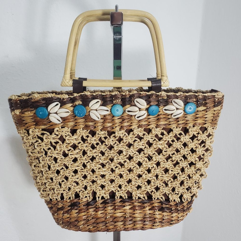 Nine West Straw Purse Handbag Cowrie Shells & Turquoise Buttons accents